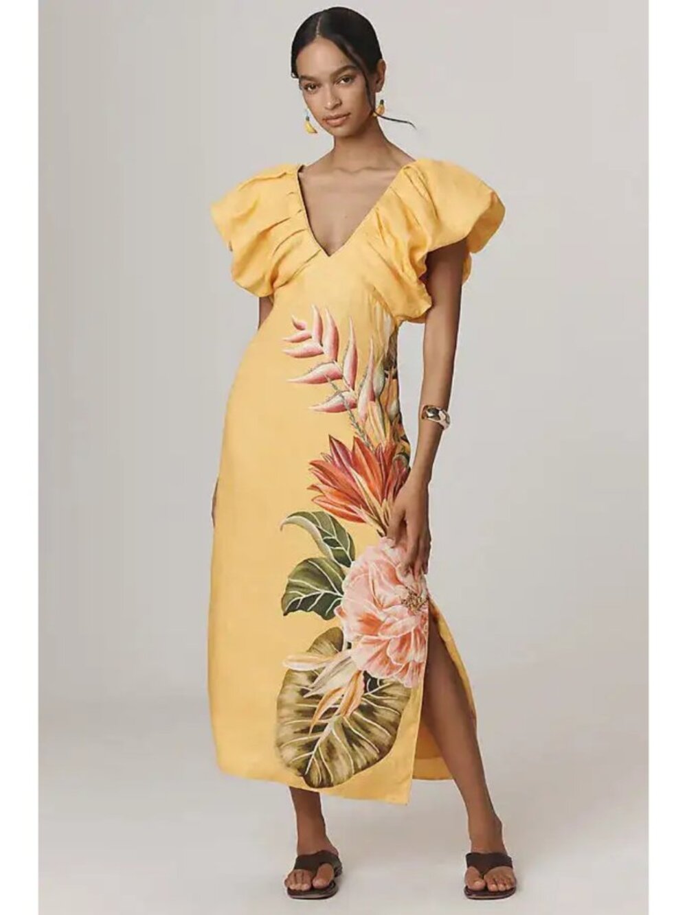 NWT FARM Rio Spring Awakening Floral Linen Midi Dress XS Yellow